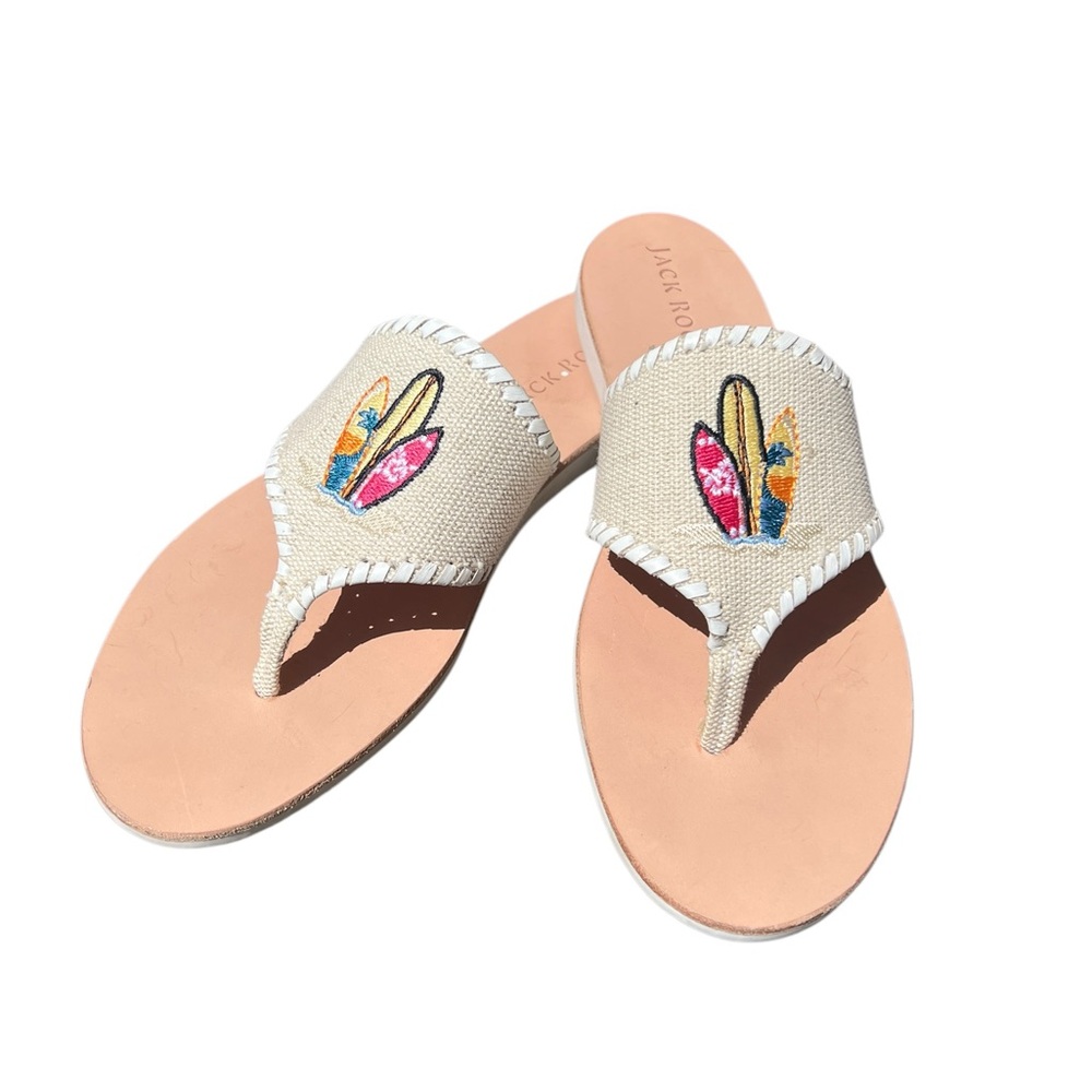 Jack Rogers Beige Canvas Thong Sandals with Pink, Yellow & Blue Embroidery
